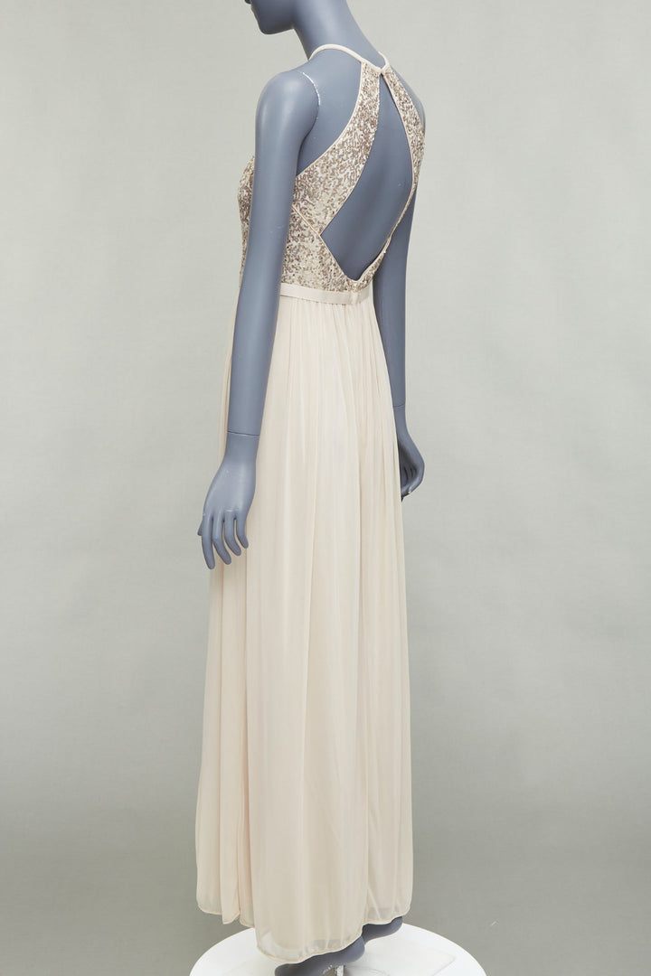 DAVID'S BRIDAL champagne sequin bodice halter ruched goddess dress US0 XS