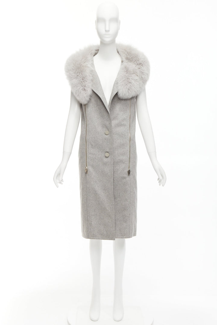 ALEXANDER WANG Saga Furs grey fur collar virgin wool blend vest dress US4 S