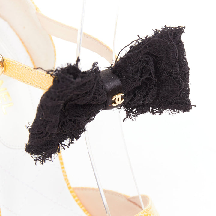 CHANEL 14C butter yellow patent leather CC logo bow maryjane pumps EU37.5