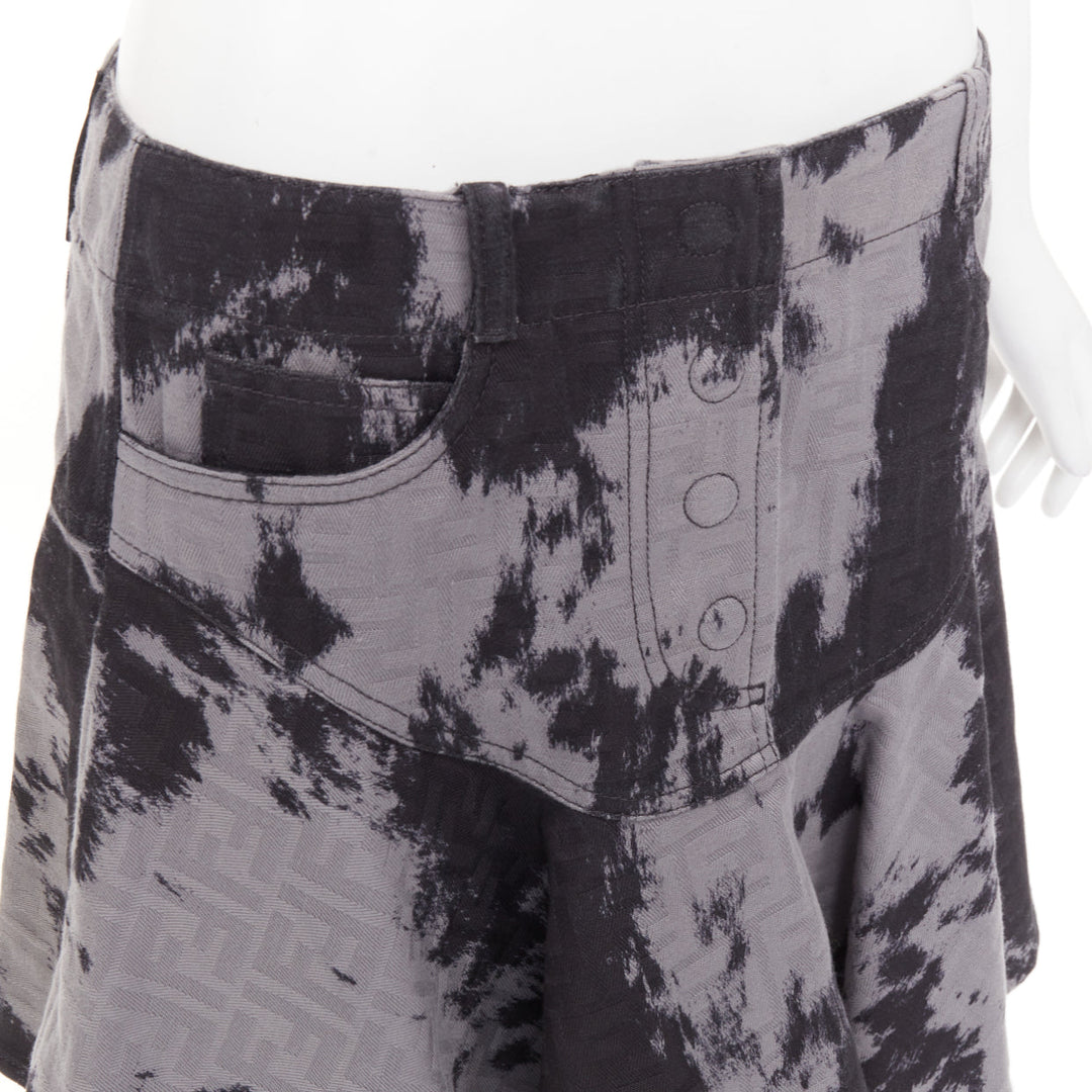 FENDI Five-Pocket black grey cotton FF Monogram tie dye denim flared skirt IT42
