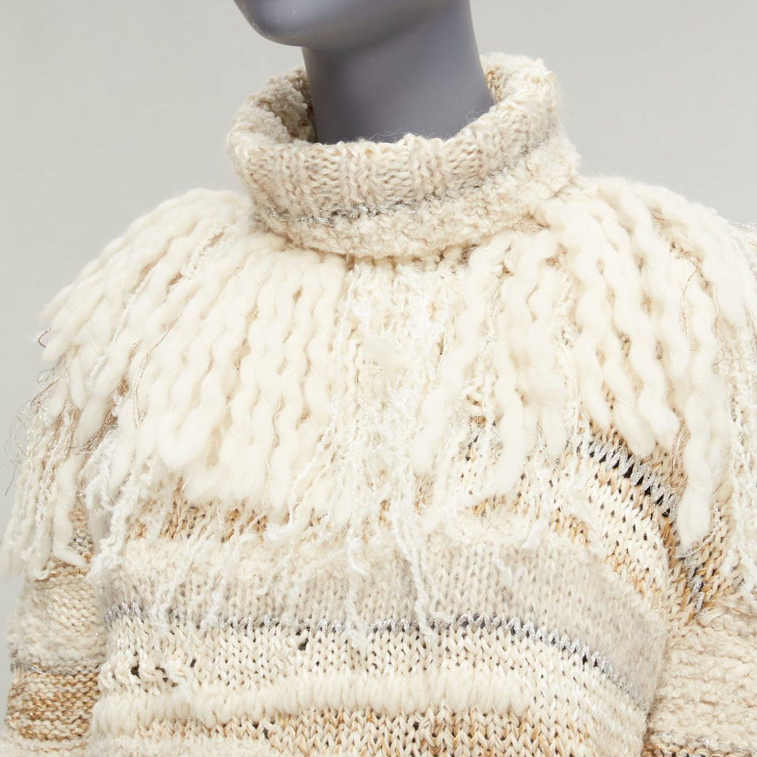 PRABAL GURUNG cream gold wool silk blend ethnic fringe crochet sweater XS