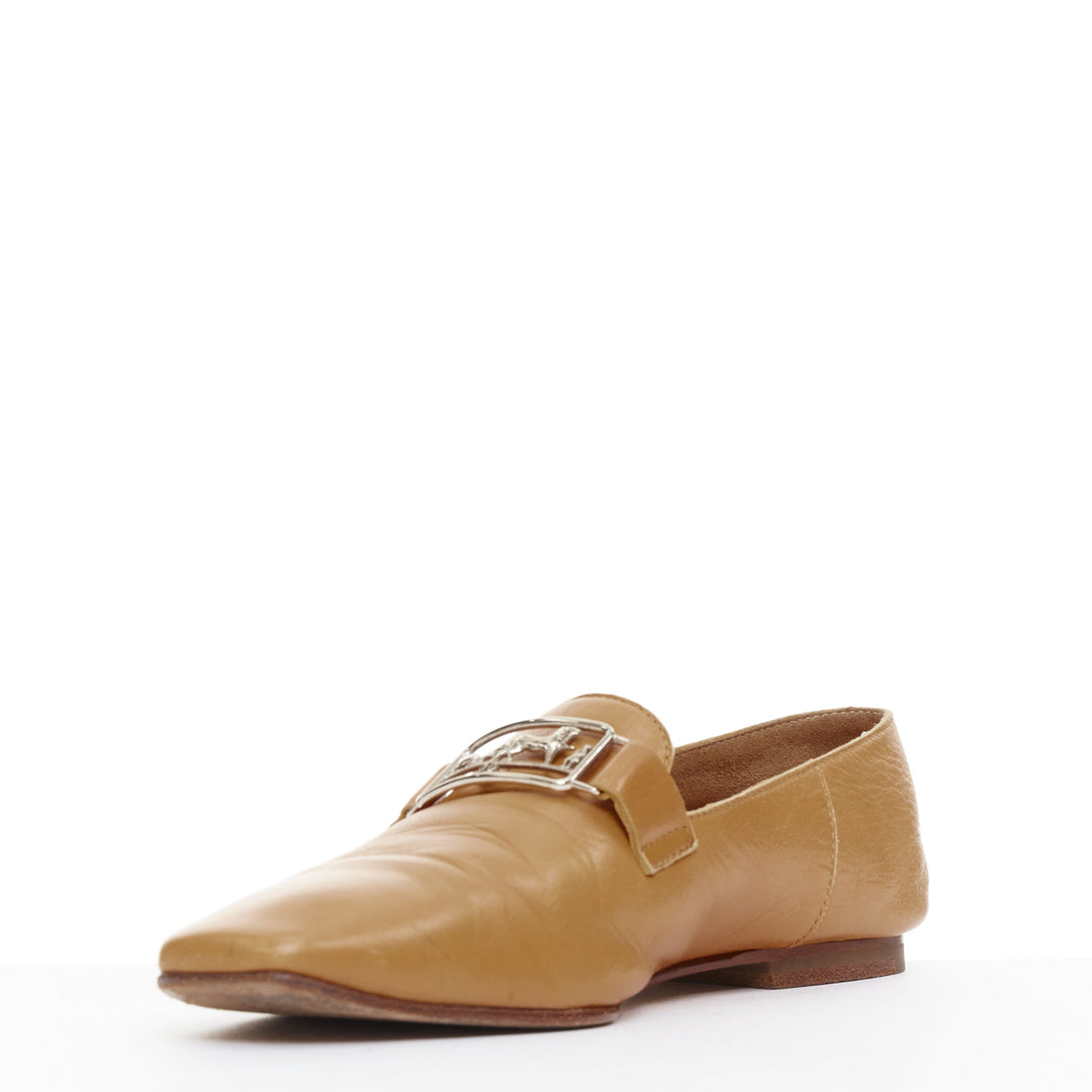 HERMES Time tan brown smooth leather horse carriage buckle flat loafers EU35