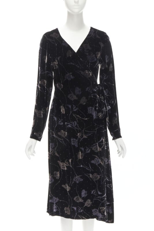 DIANE VON FUSTENBERG black floral print velvet wrap dress robe XS