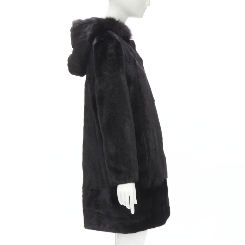 ISLA black fur long sleeve snap button hooded jacket IT42