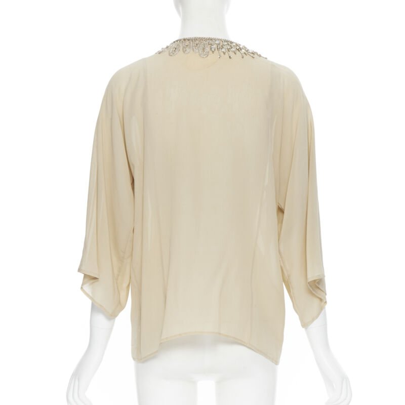 OSCAR DE LA RENTA 100% silk beige crystal embroidery collar 3/4 sleeve blouse XS