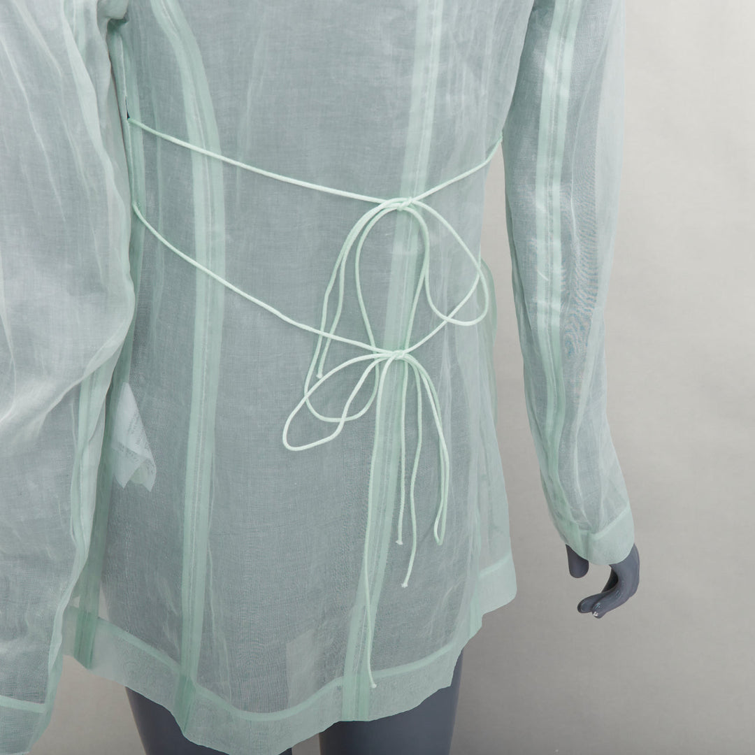 CECILIE BAHNSEN Fisola mint green cotton sheer bow tie waist blazer UK8 S