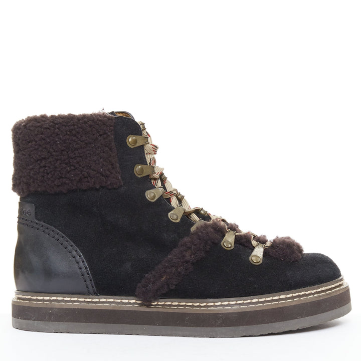 SEE BY CHLOE Eileen brown shearling black suede mountain hiking boots EU37