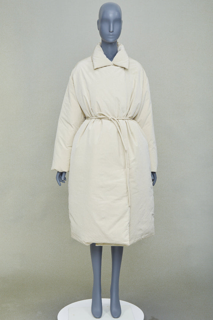 AMOMENTO ivory polyester quilted drawstring waist long padded outerwear coat OS