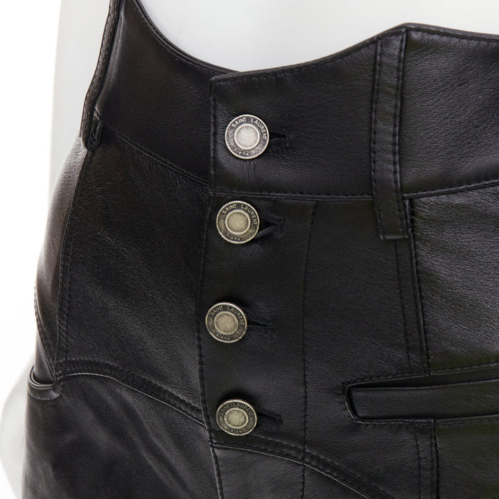 SAINT LAURENT 2019 black lambskin high waisted cuffed western shorts FR34 XS