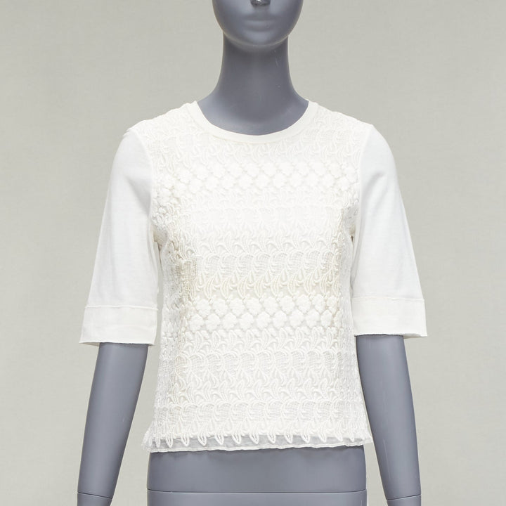 GIAMBATTISTA VALLI white cotton blend lace overlay front tshirt IT38 XS