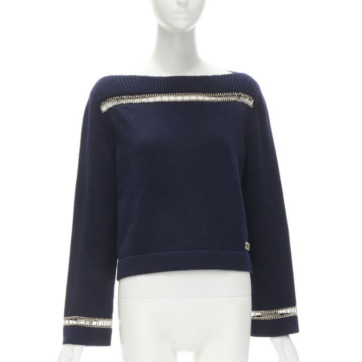 CHANEL 2020 Runway 100% cashmere navy gold chain trim boat neck sweater FR38