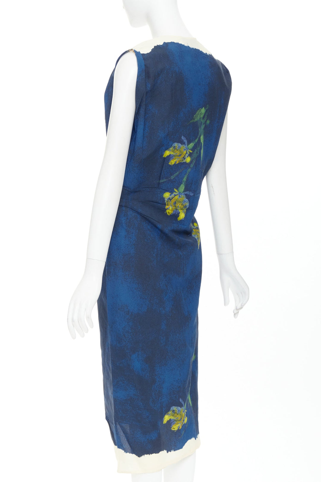 PRADA 202 Runway navy blue yellow paper viscose crinkled floral dress IT38 XS