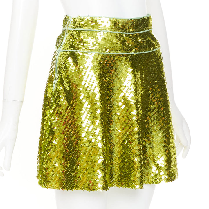 DSQUARED2 acid lime green rectangular sequins piping trim skater skirt IT38 XS
