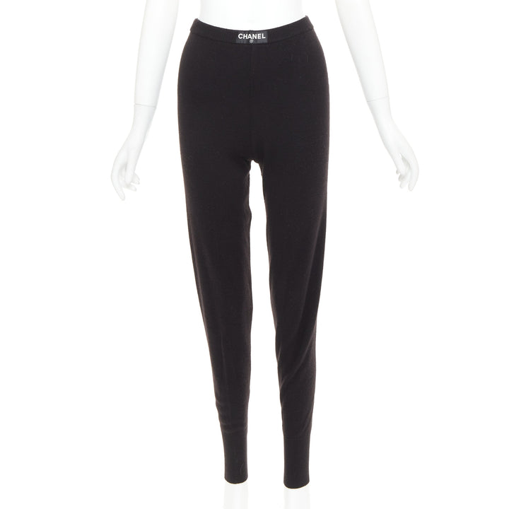 rare CHANEL 93A Vintage black cashmere white logo patch waist jogger pant FR36 S
