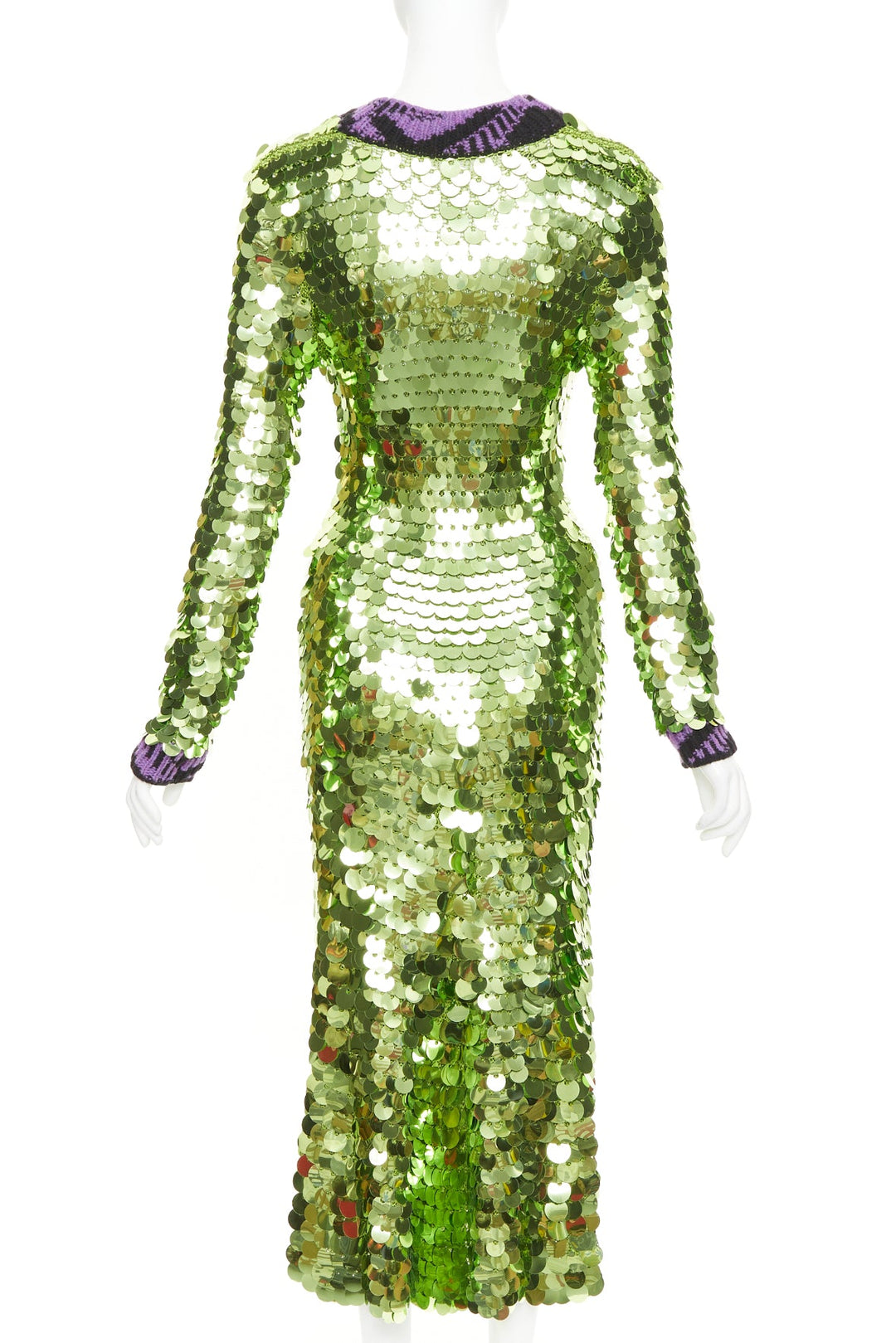 PRADA 2021 Runway green sequin paillettes purple jacquard trim dress IT38 XS