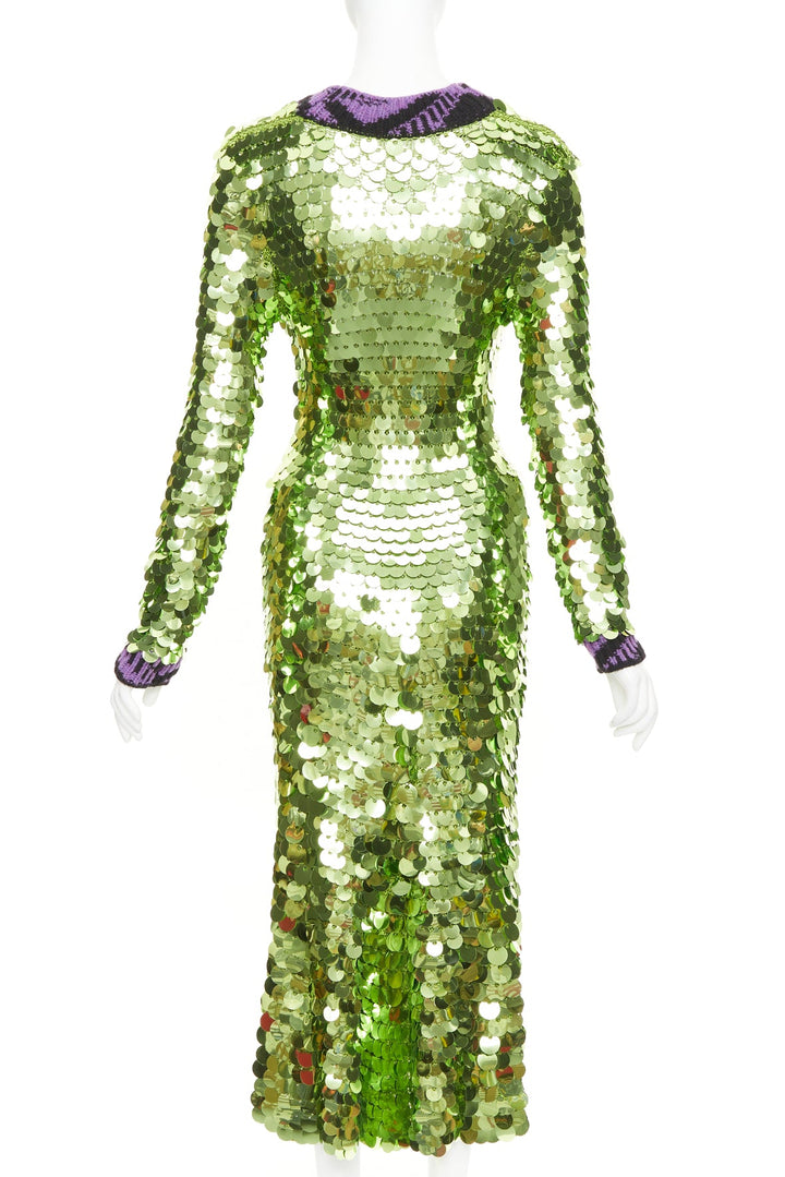 PRADA 2021 Runway green sequin paillettes purple jacquard trim dress IT38 XS