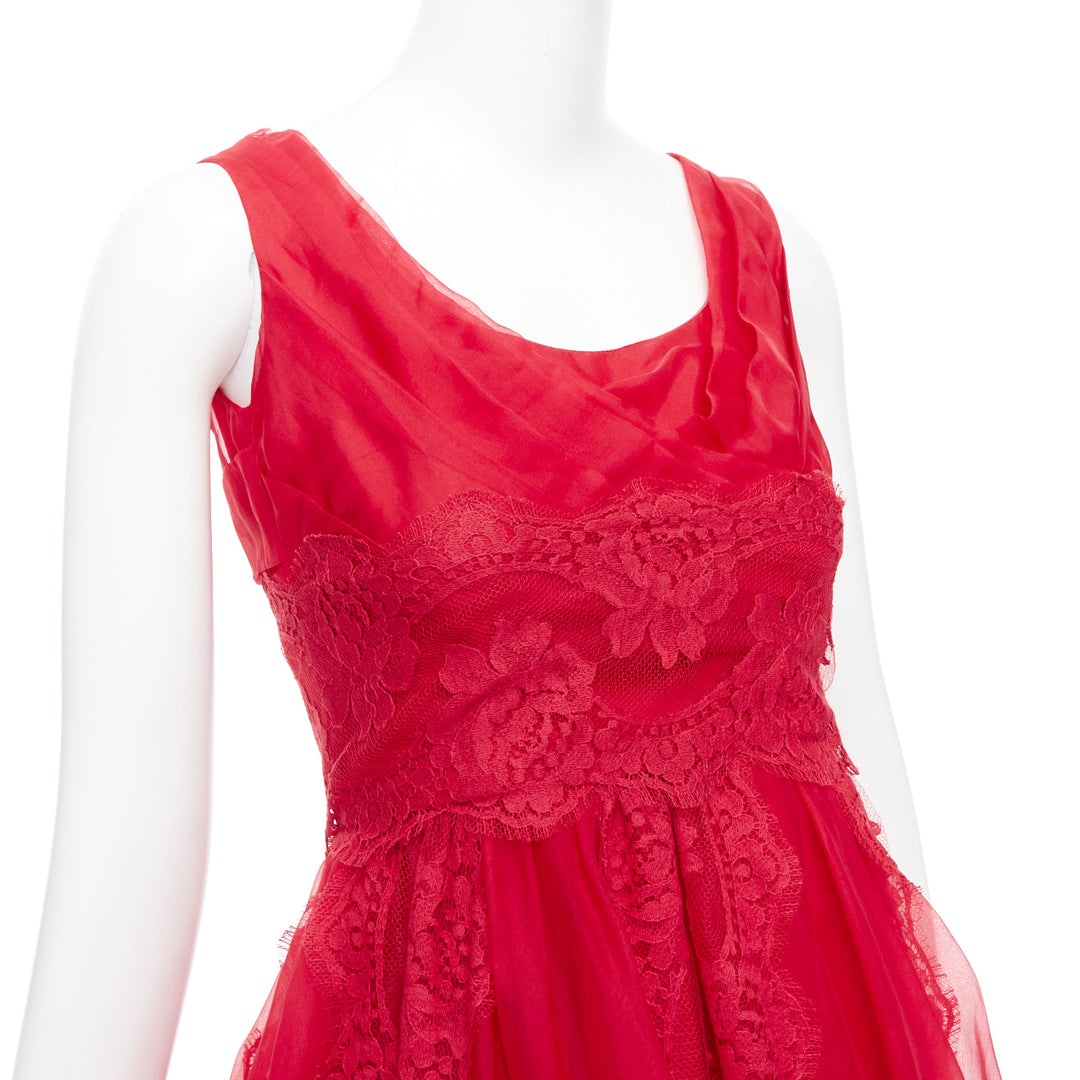 DOLCE GABBANA red cotton silk blend lace tulle fit flared dress IT36 XXS