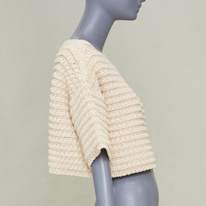 CHANEL 25C Runway garter stitch boat neck oat beige cropped knit top FR36 S
