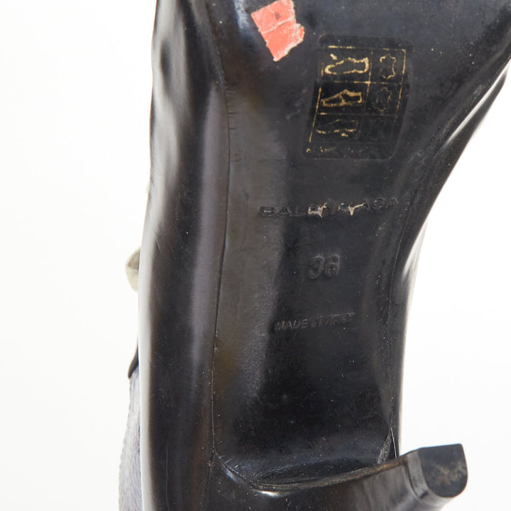 BALENCIAGA 2012 Runway blue emboss black leather lace up high heel booties EU36