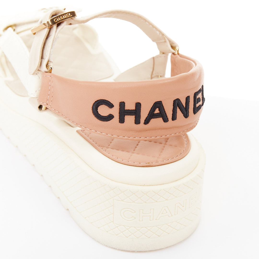 CHANEL 2023 white quilted canvas CC logo flatform strappy dad sandals EU38