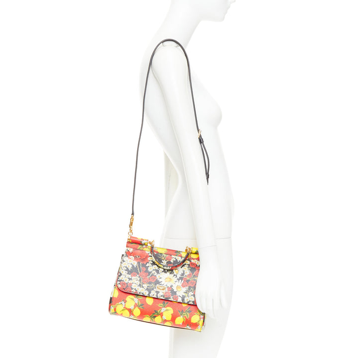 DOLCE GABBANA Miss Sicily black red yellow lemon floral leather small handle bag