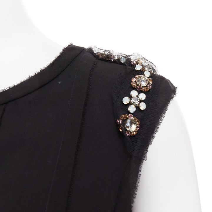 LANVIN black bamboo cotton crystal rhinestone belted dress M