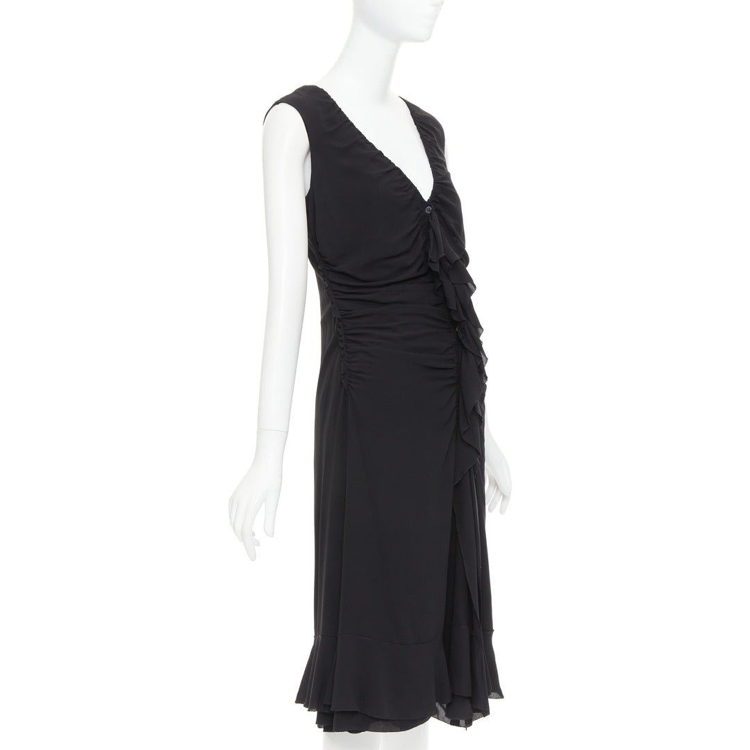 PRADA Vintage black silk ruched ruffle front V neck dress IT44 L