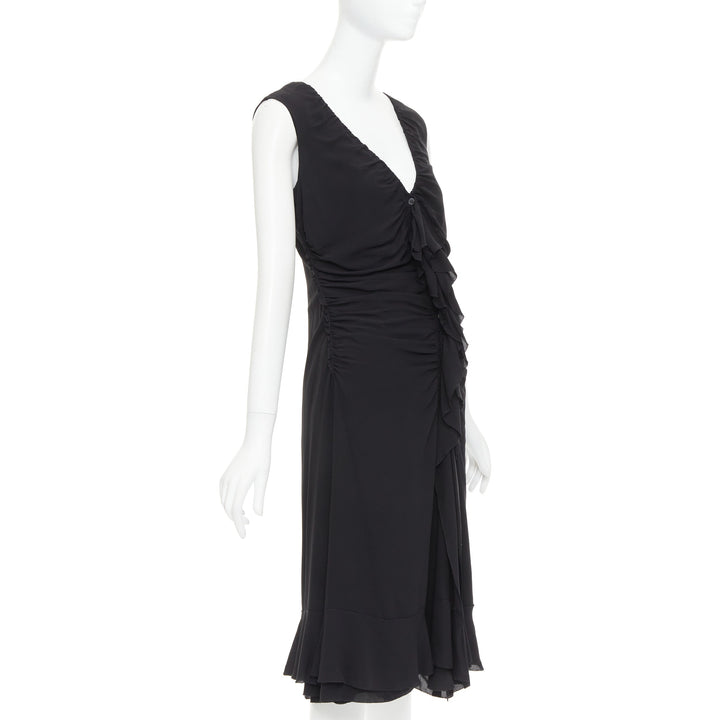 PRADA Vintage black silk ruched ruffle front V neck dress IT44 L