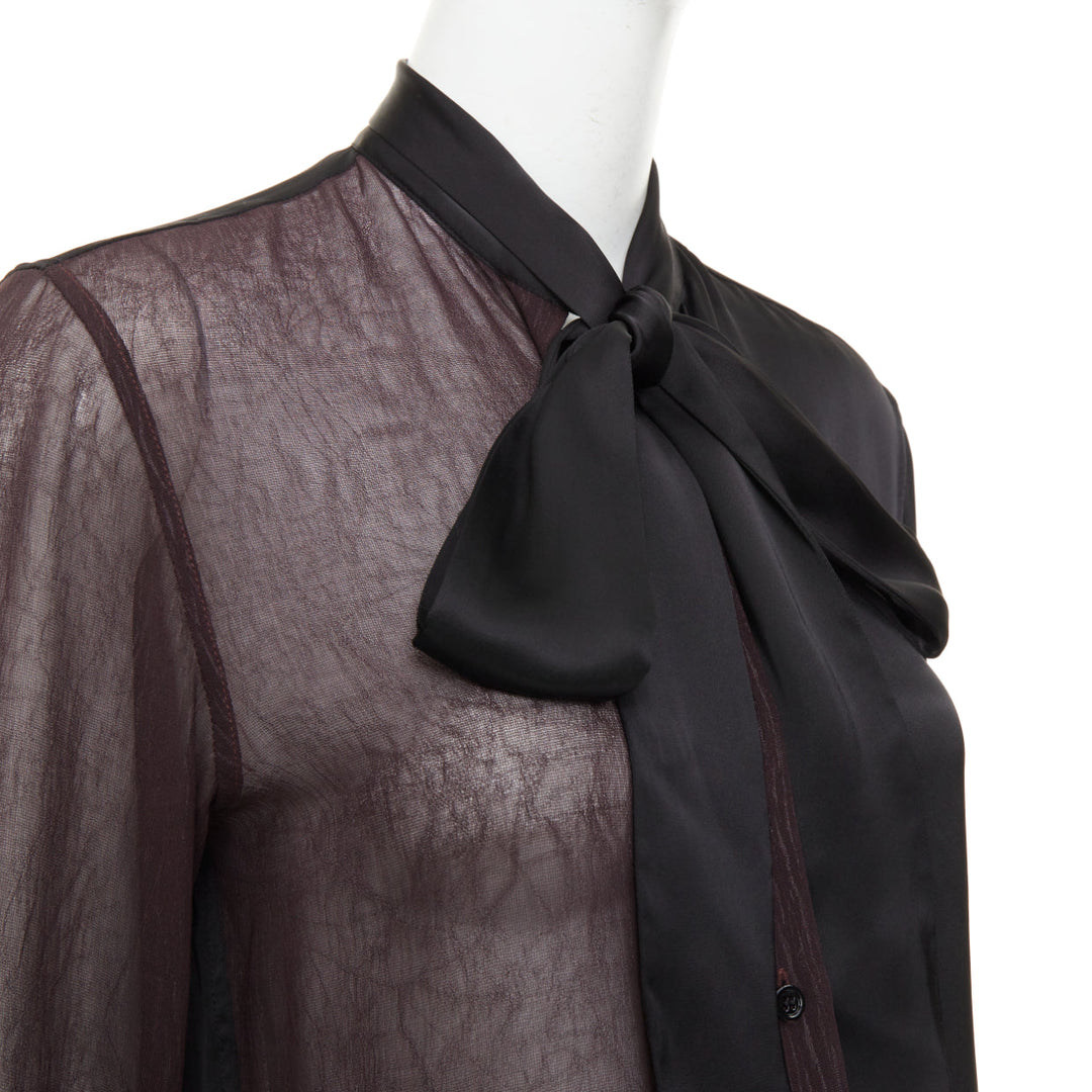 LOEWE asymmetric mixed media black sheer burgundy pussy bow blouse IT36