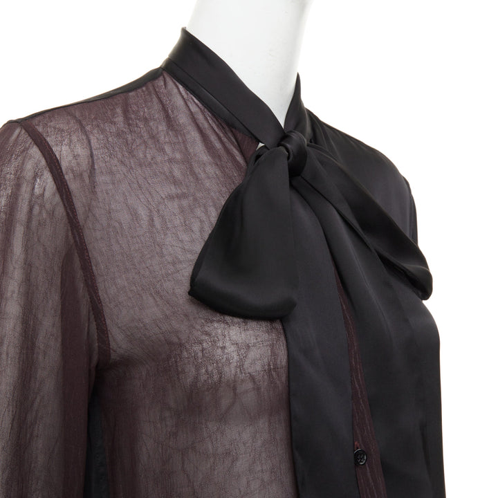 LOEWE asymmetric mixed media black sheer burgundy pussy bow blouse IT36
