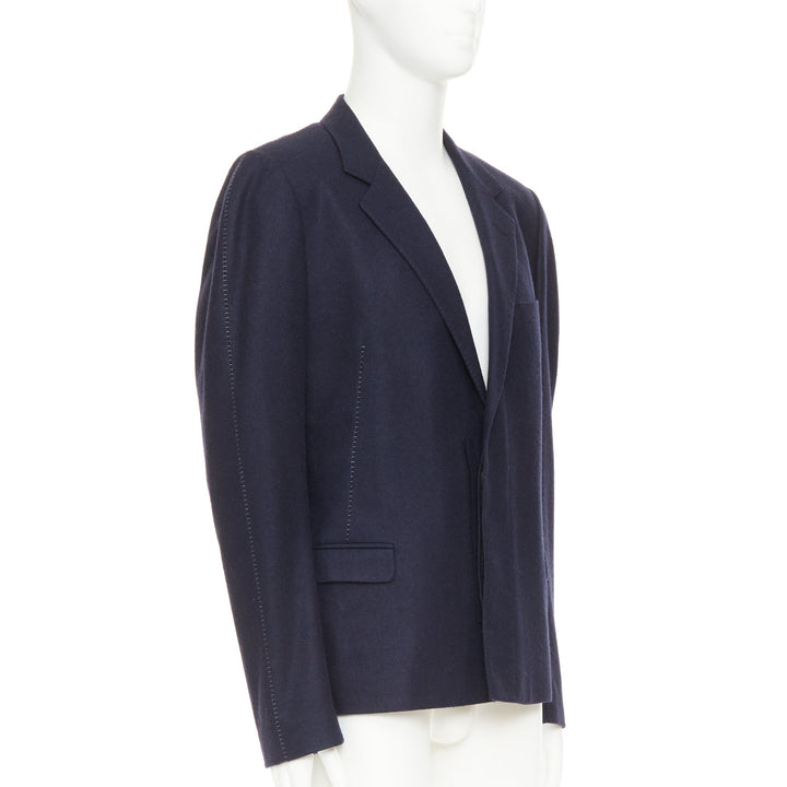 LANVIN navy wool overstitch seams notched lapel single breasted blazer EU52 XL