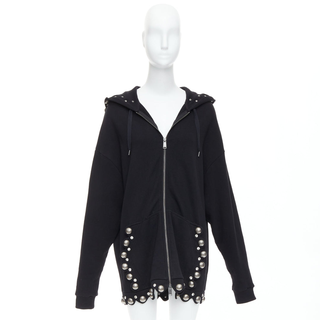 AREA Crystal Dome black cotton silver stud embellished hoodie XS