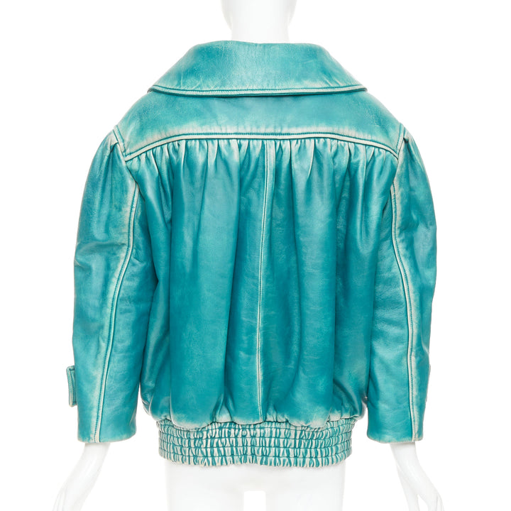 rare MIU MIU 2018 Runway green wash distress lambskin oversized jacket IT36 XXS