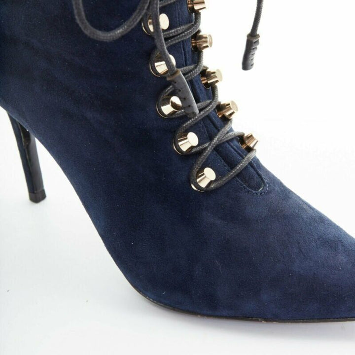 BALENCIAGA navy blue suede gold-tone stud lace up point toe bootie EU37 US7