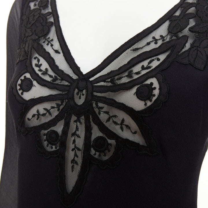 RALPH LAUREN Purple Label black butterfly lace applique cut out silk gown