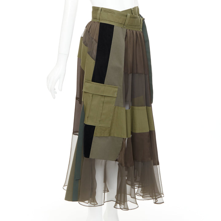 SACAI 2020 military green camo sheer patchwork cargo belted skirt JP1 S