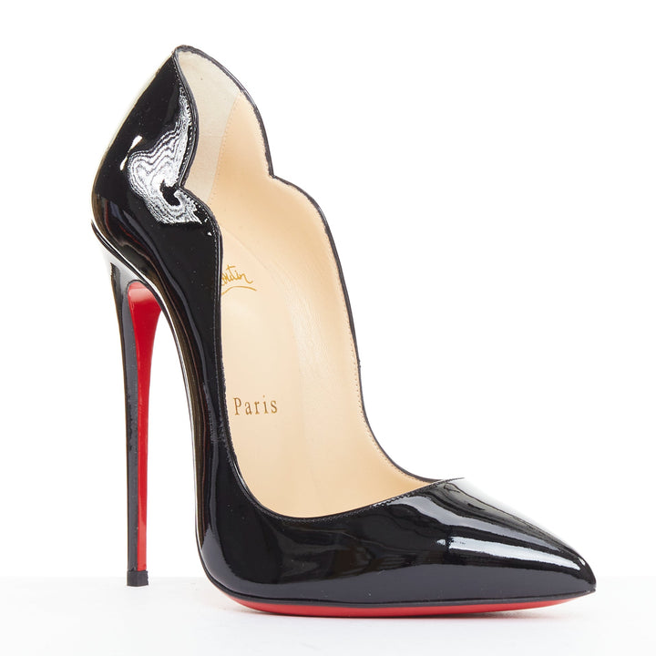 CHRISTIAN LOUBOUTIN Hot Chick 130 black patent scalloped topline pumps EU37.5