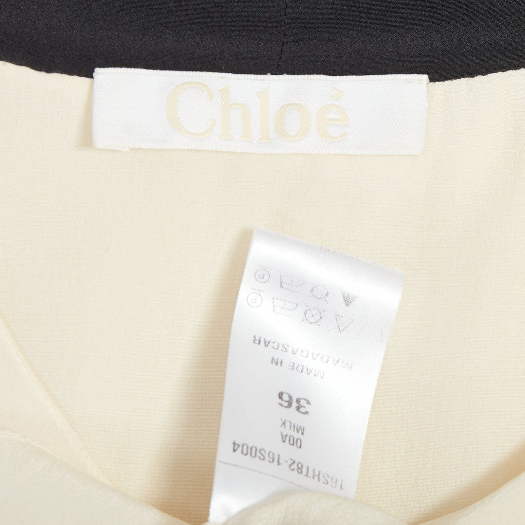 CHLOE milk cream black 100% silk tie neck ruffled peasant blouse FR36 S