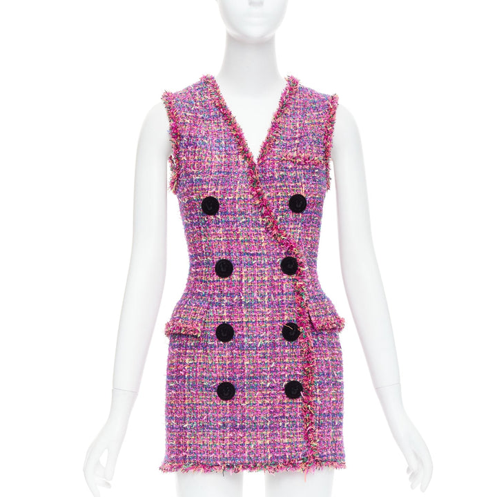 BALMAIN multicolor pink tweed black velvet buttons vest dress FR34 XS