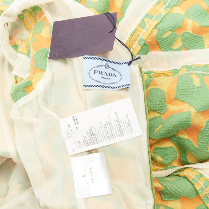 PRADA 2015 Runway green orange raw edge brocade stitch patchwork dress IT40 S
