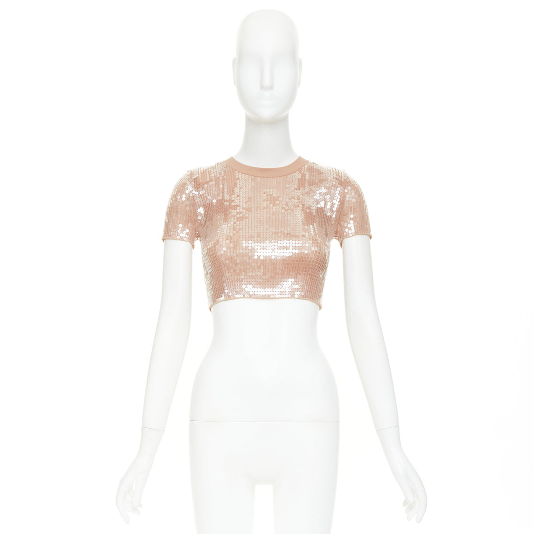 ALEXANDER WANG 2023 Sequin Ribbed nude beige clear sequins cropped sweater XS