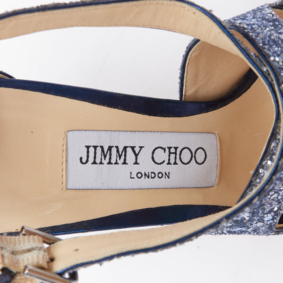 JIMMY CHOO Emily blue glitter crisscross strap open toe sandals EU36