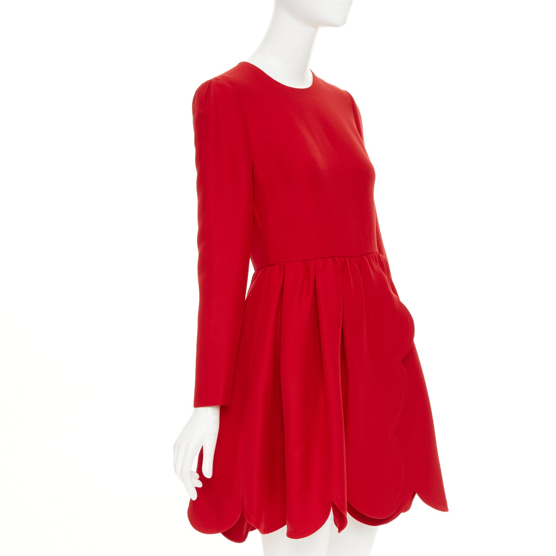 VALENTINO red silk wool crepe scalloped skirt detail flared dress IT40 S