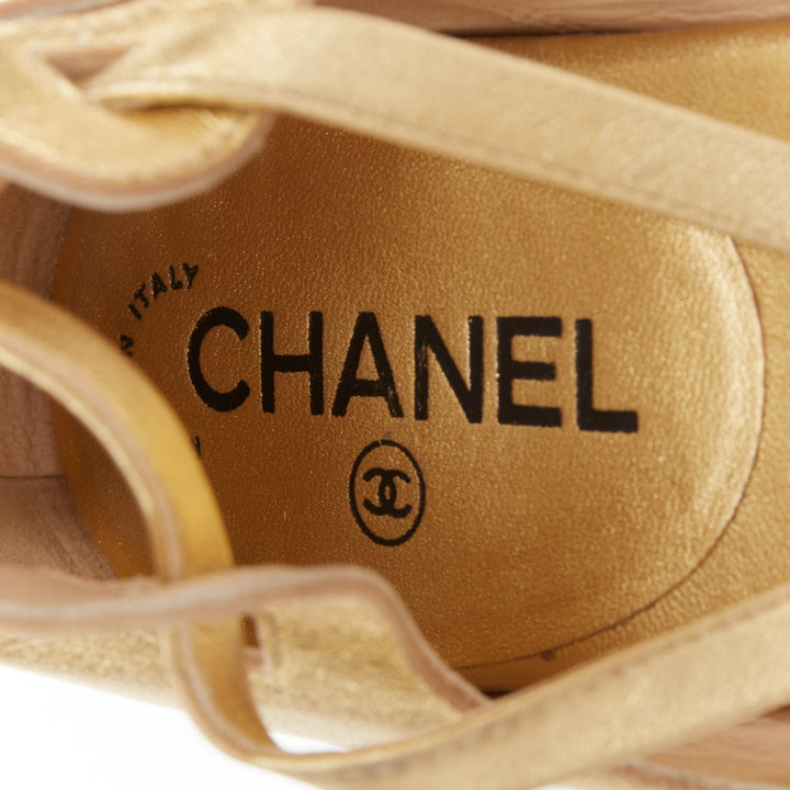 CHANEL 2011 gold leather criss cross calf toe ring gladiator flat sandals