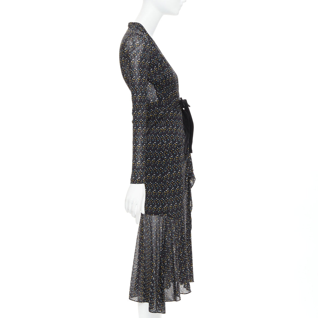 DIANE VON FURSTENBERG black multicolour polka dot bow wrap dress S