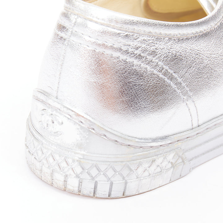 CHANEL 2017 metallic silver leather glitter lace up low top sneakers EU38.5