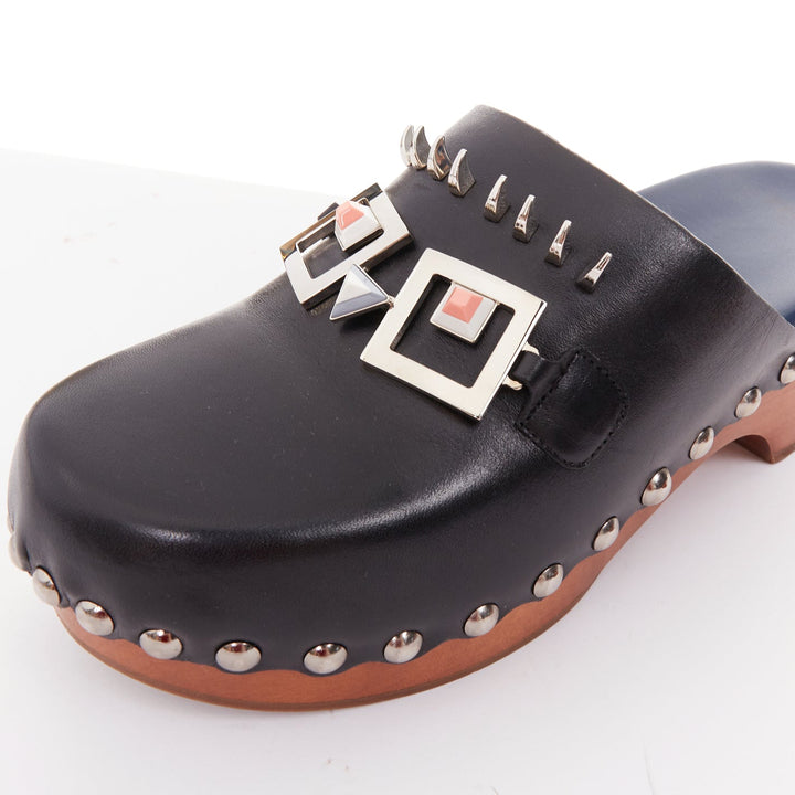 FENDI Hypnoteyes Monster Bag Bug black stud embellished wooden clog mules EU40