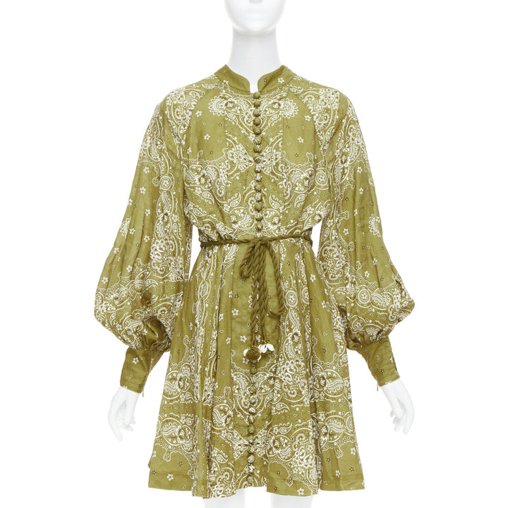 ZIMMERMANN Violet green linen paisley print belted shirt mini dress US4 S