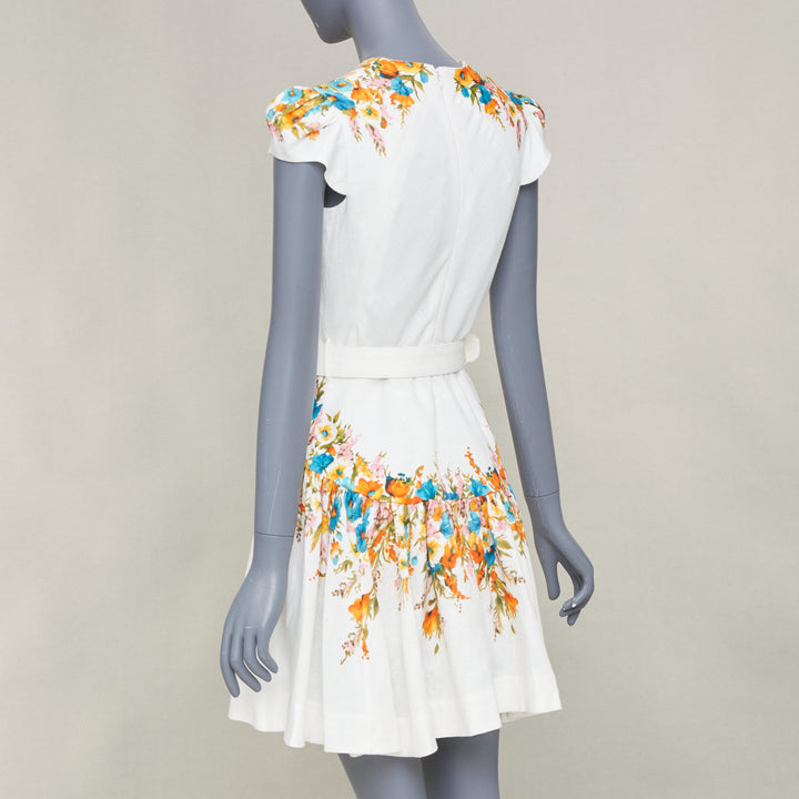 ZIMMERMANN Estelle white linen multicolor floral print belted mini dress Sz.1 XS
