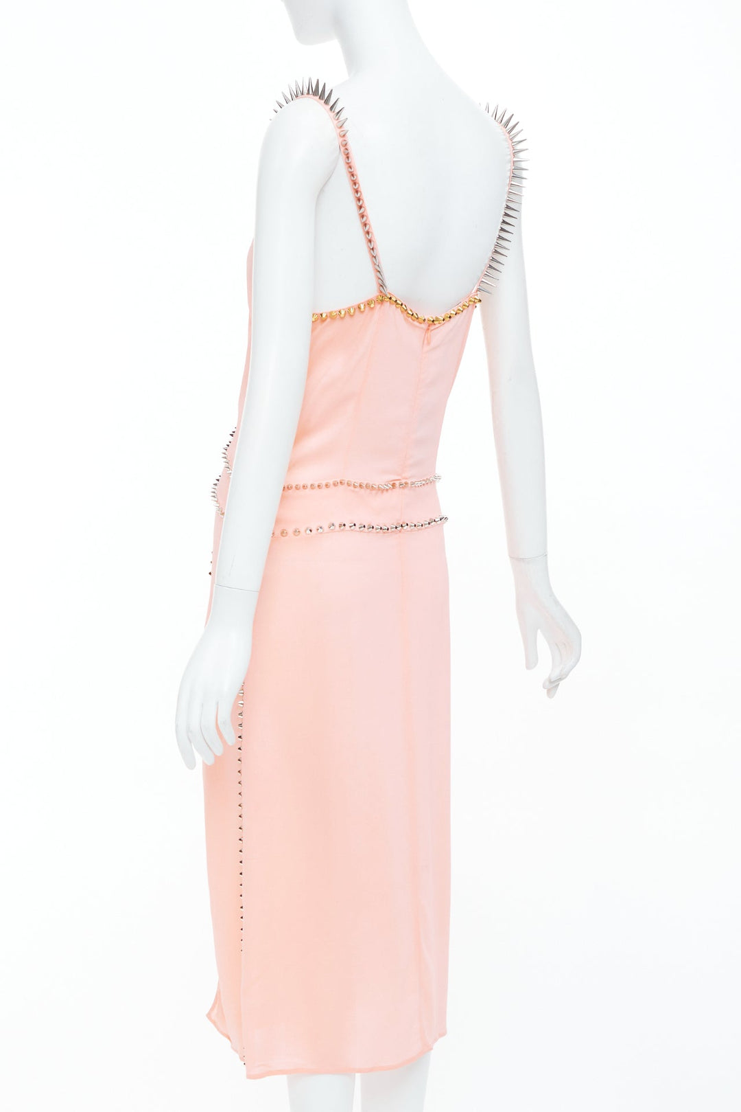 rare MIU MIU 2021 pink punk spike studded embellished plunge neck dress IT36 XXS